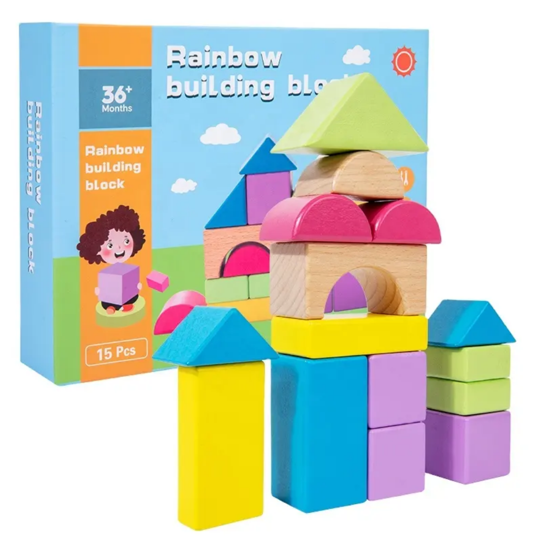 15 Pcs Wooden Rainbow Building Blocks