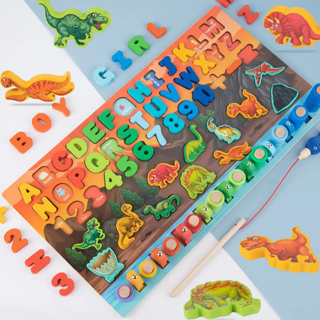 Wooden Dino theme Log Board with Alphabets and Numbers