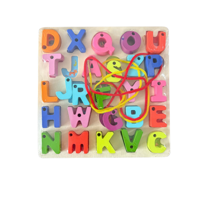 wooden alphabet board capital letters with threading
